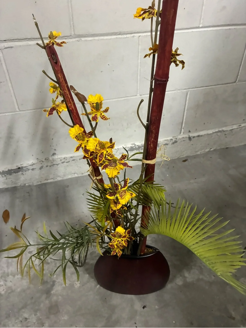 Artificial Yellow Orchid Floral Arrangement in Dark Brown Vase